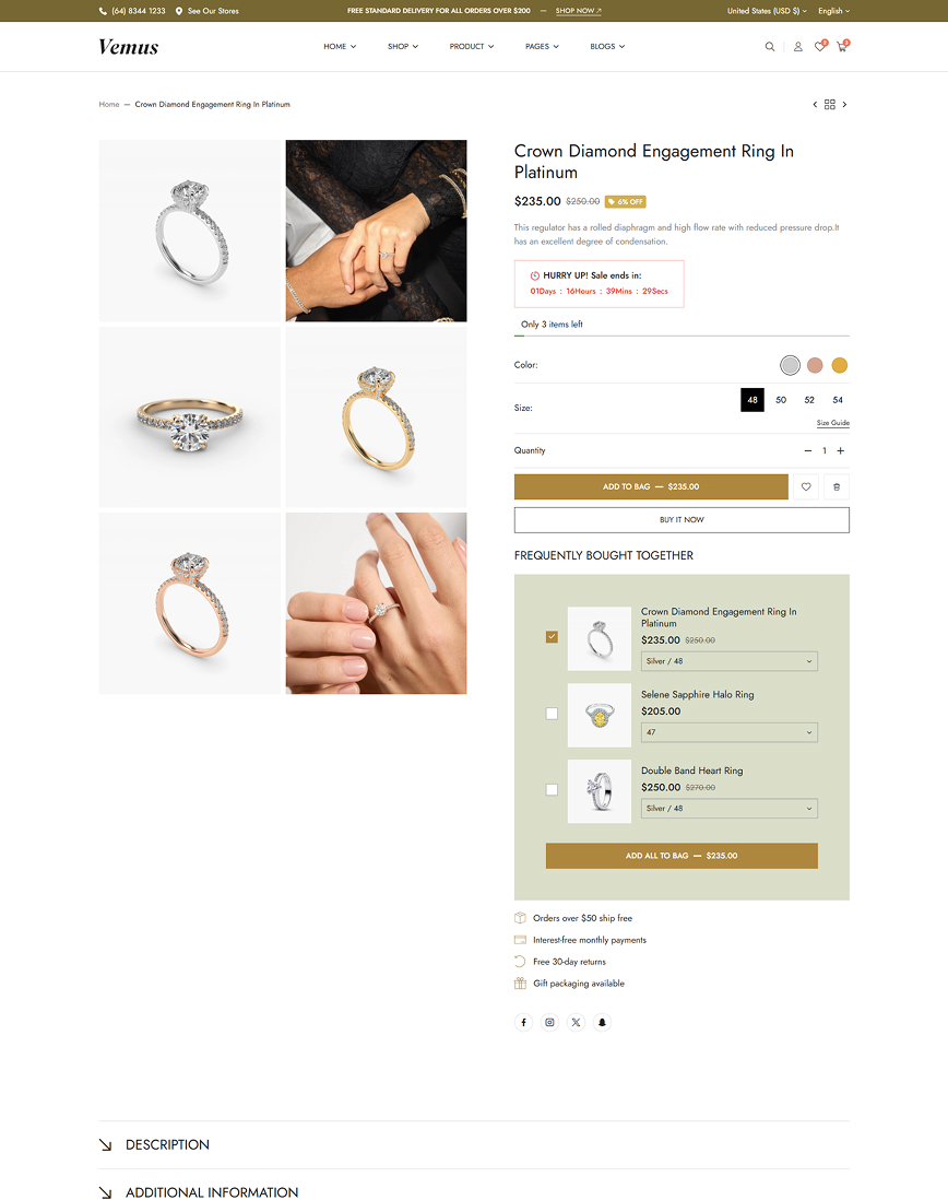 Vemus Jewelry Ecommerce project screenshot